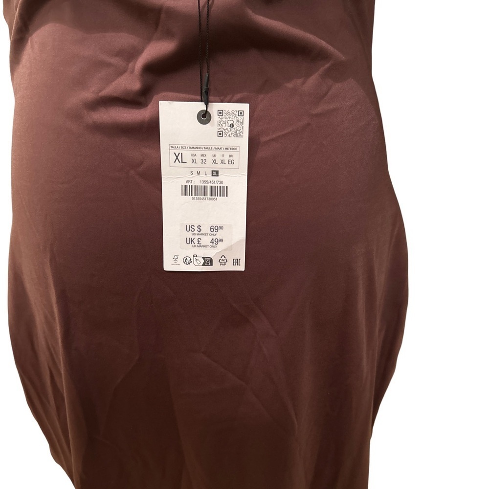 Zara Womens Satin Strapless Slip Dress SZ XL Brown Midi Maxi Gown Slit Tube Top - Picture 5 of 8